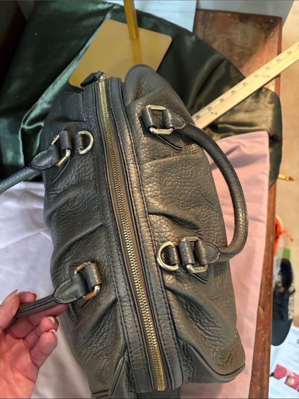 MCM Authentic Muchen Metallic Pewter Pebbled Leather Satchel Shoulder bag - Picture 9 of 11